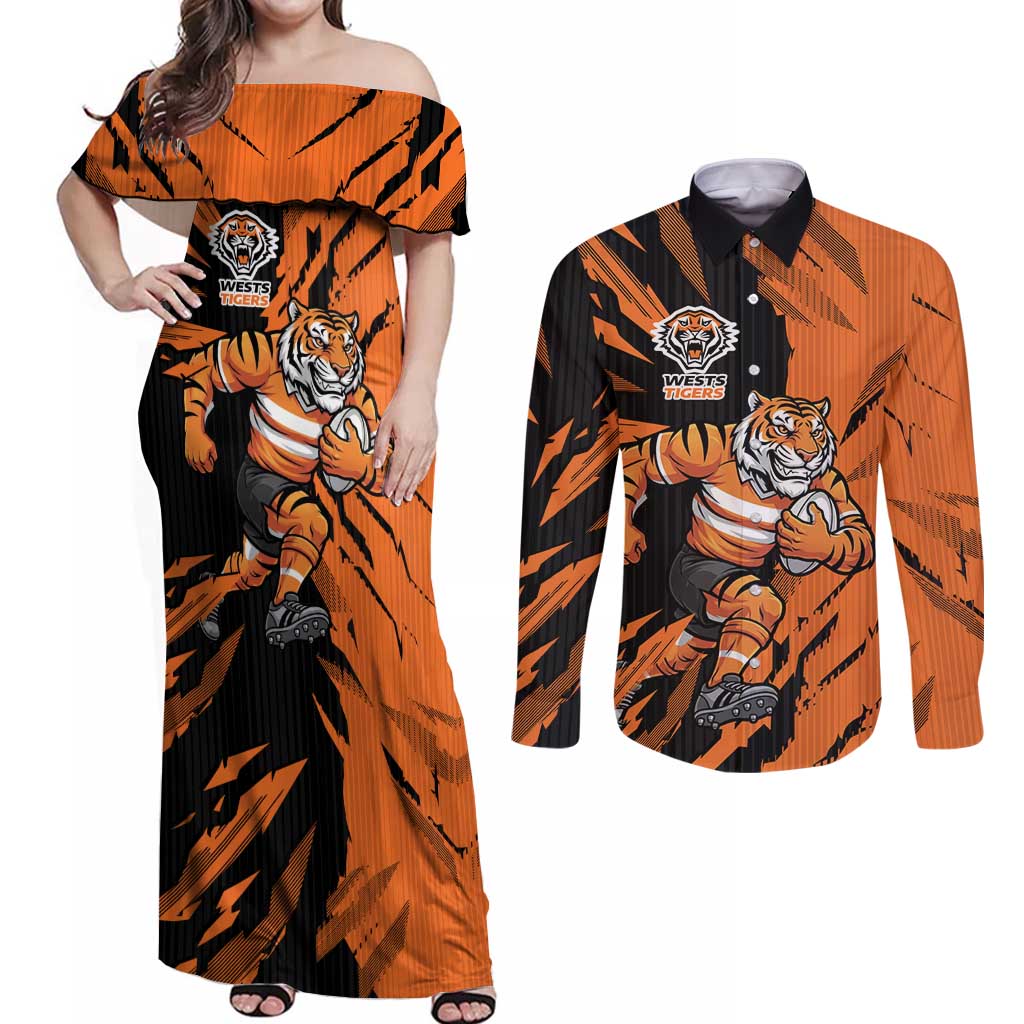 Personalized Wests Tigers Couples Matching Off Shoulder Maxi Dress and Long Sleeve Button Shirt Dynamic Lightning Mascot Rugby Australia