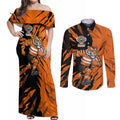 Personalized Wests Tigers Couples Matching Off Shoulder Maxi Dress and Long Sleeve Button Shirt Dynamic Lightning Mascot Rugby Australia