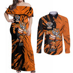 Personalized Wests Tigers Couples Matching Off Shoulder Maxi Dress and Long Sleeve Button Shirt Dynamic Lightning Mascot Rugby Australia