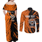 Personalized Wests Tigers Couples Matching Off Shoulder Maxi Dress and Long Sleeve Button Shirt Dynamic Lightning Mascot Rugby Australia