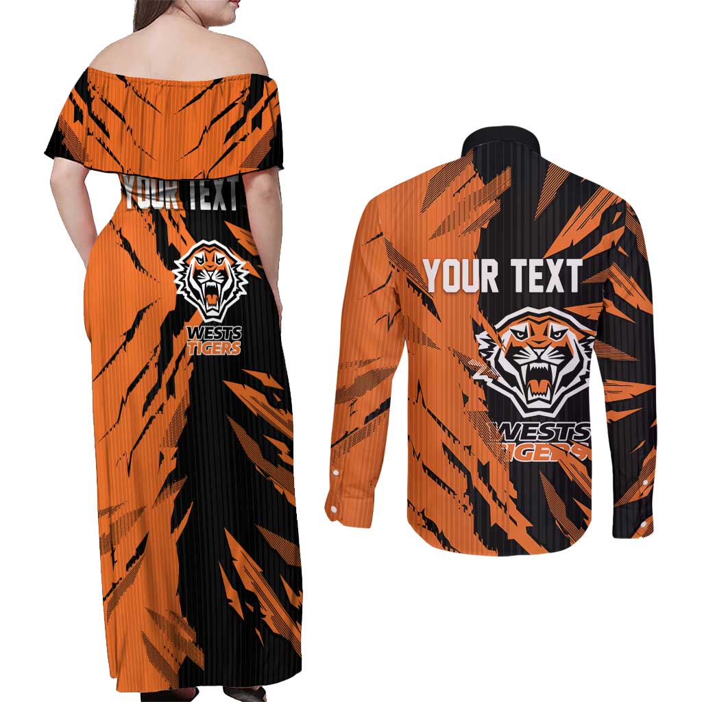 Personalized Wests Tigers Couples Matching Off Shoulder Maxi Dress and Long Sleeve Button Shirt Dynamic Lightning Mascot Rugby Australia