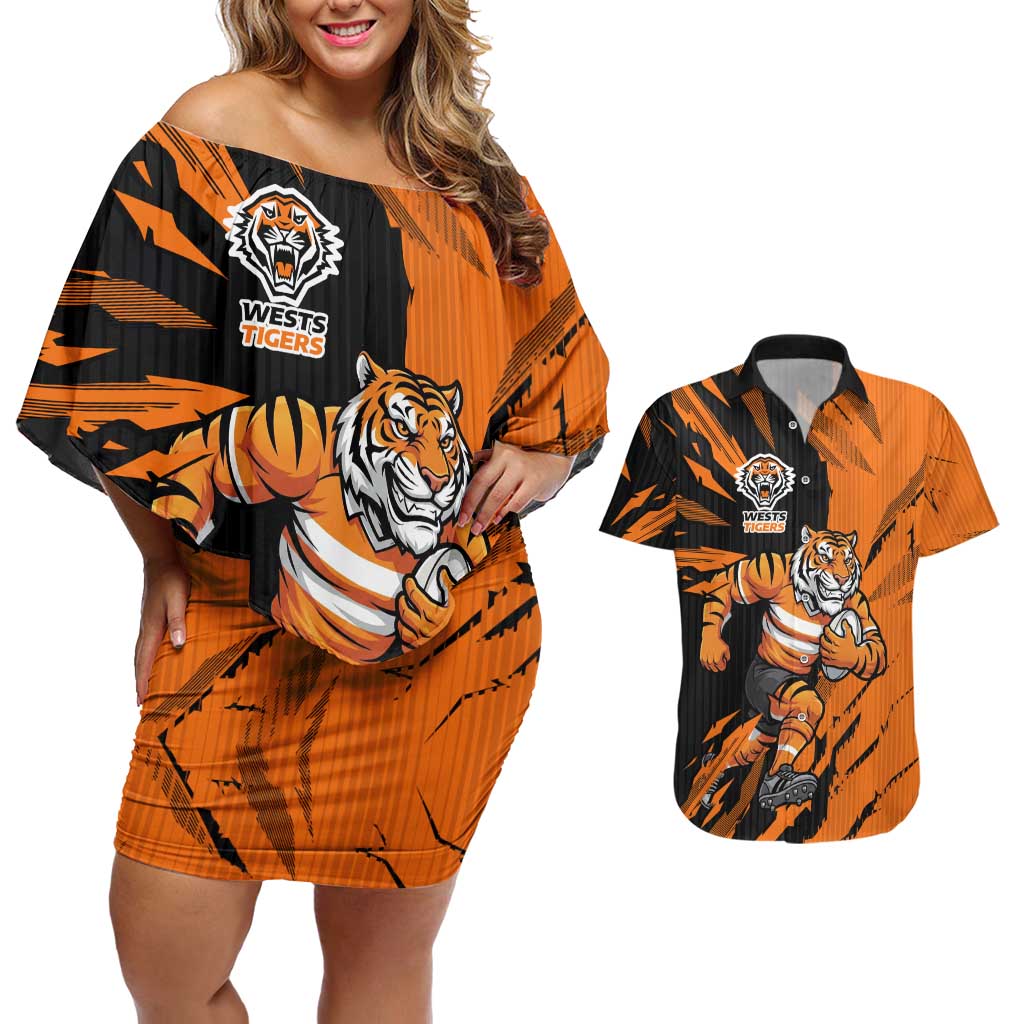 Personalized Wests Tigers Couples Matching Off Shoulder Short Dress and Hawaiian Shirt Dynamic Lightning Mascot Rugby Australia