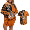 Personalized Wests Tigers Couples Matching Off Shoulder Short Dress and Hawaiian Shirt Dynamic Lightning Mascot Rugby Australia