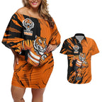 Personalized Wests Tigers Couples Matching Off Shoulder Short Dress and Hawaiian Shirt Dynamic Lightning Mascot Rugby Australia