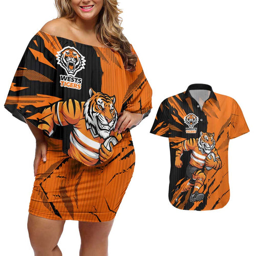 Personalized Wests Tigers Couples Matching Off Shoulder Short Dress and Hawaiian Shirt Dynamic Lightning Mascot Rugby Australia