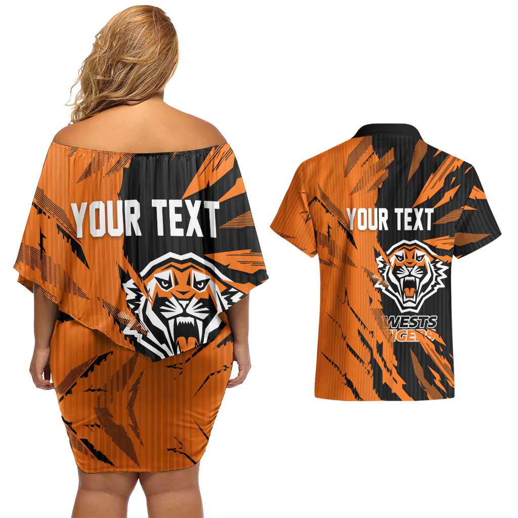 Personalized Wests Tigers Couples Matching Off Shoulder Short Dress and Hawaiian Shirt Dynamic Lightning Mascot Rugby Australia