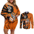 Personalized Wests Tigers Couples Matching Off Shoulder Short Dress and Long Sleeve Button Shirt Dynamic Lightning Mascot Rugby Australia