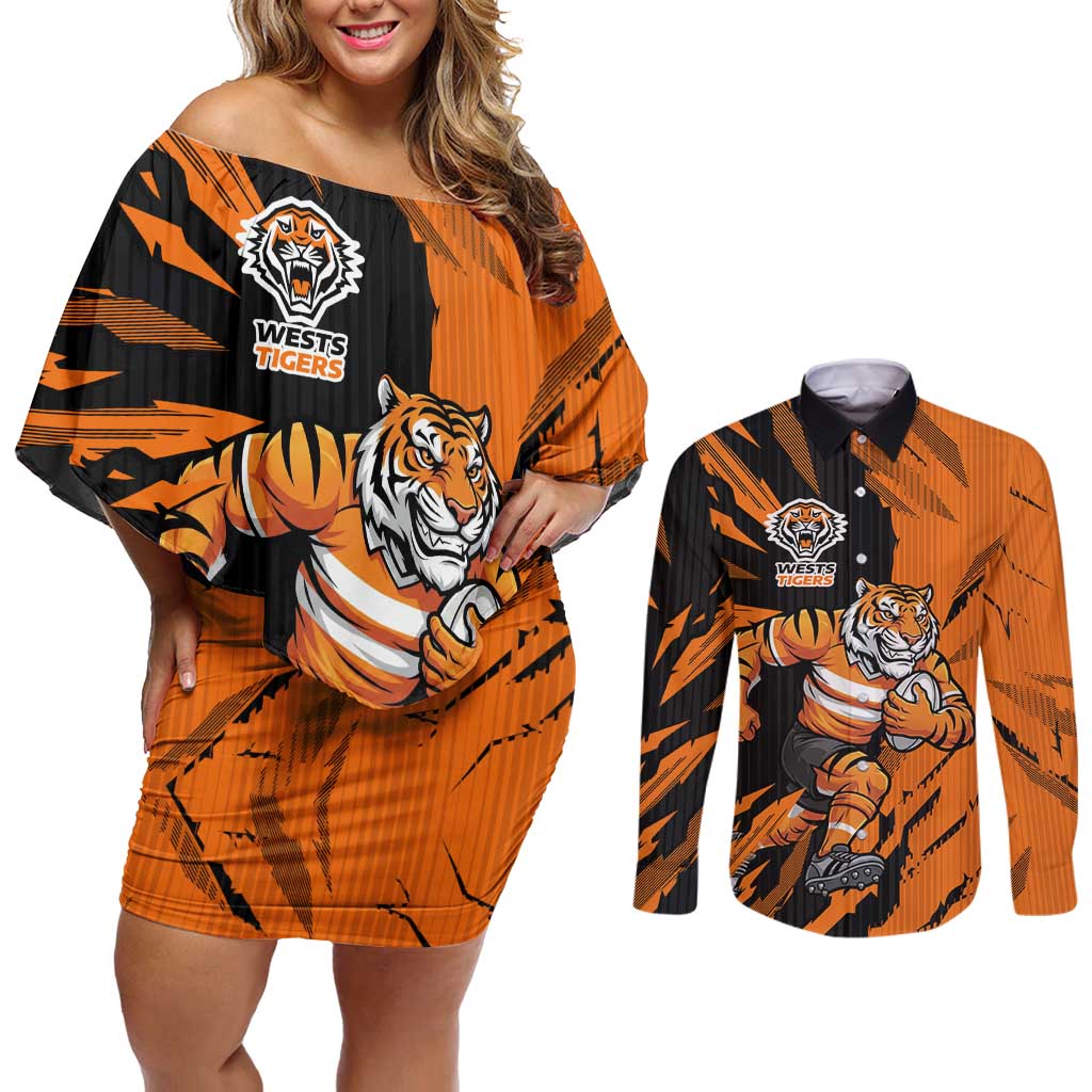 Personalized Wests Tigers Couples Matching Off Shoulder Short Dress and Long Sleeve Button Shirt Dynamic Lightning Mascot Rugby Australia