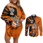 Personalized Wests Tigers Couples Matching Off Shoulder Short Dress and Long Sleeve Button Shirt Dynamic Lightning Mascot Rugby Australia