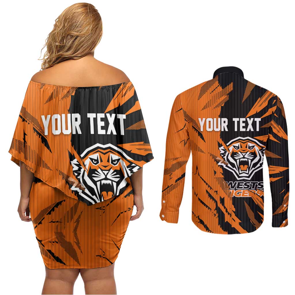 Personalized Wests Tigers Couples Matching Off Shoulder Short Dress and Long Sleeve Button Shirt Dynamic Lightning Mascot Rugby Australia
