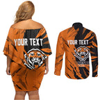Personalized Wests Tigers Couples Matching Off Shoulder Short Dress and Long Sleeve Button Shirt Dynamic Lightning Mascot Rugby Australia