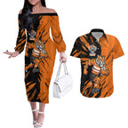 Personalized Wests Tigers Couples Matching Off The Shoulder Long Sleeve Dress and Hawaiian Shirt Dynamic Lightning Mascot Rugby Australia