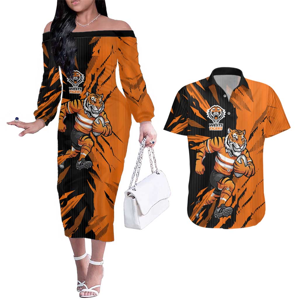 Personalized Wests Tigers Couples Matching Off The Shoulder Long Sleeve Dress and Hawaiian Shirt Dynamic Lightning Mascot Rugby Australia