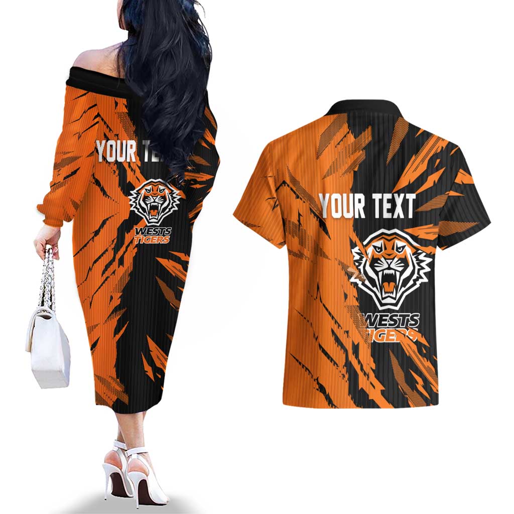 Personalized Wests Tigers Couples Matching Off The Shoulder Long Sleeve Dress and Hawaiian Shirt Dynamic Lightning Mascot Rugby Australia