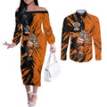 Personalized Wests Tigers Couples Matching Off The Shoulder Long Sleeve Dress and Long Sleeve Button Shirt Dynamic Lightning Mascot Rugby Australia