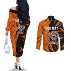 Personalized Wests Tigers Couples Matching Off The Shoulder Long Sleeve Dress and Long Sleeve Button Shirt Dynamic Lightning Mascot Rugby Australia
