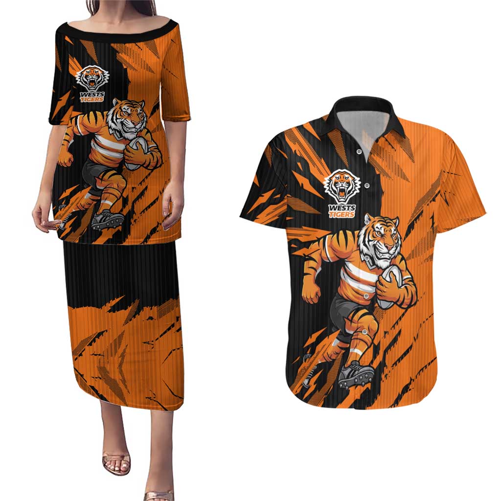 Personalized Wests Tigers Couples Matching Puletasi and Hawaiian Shirt Dynamic Lightning Mascot Rugby Australia