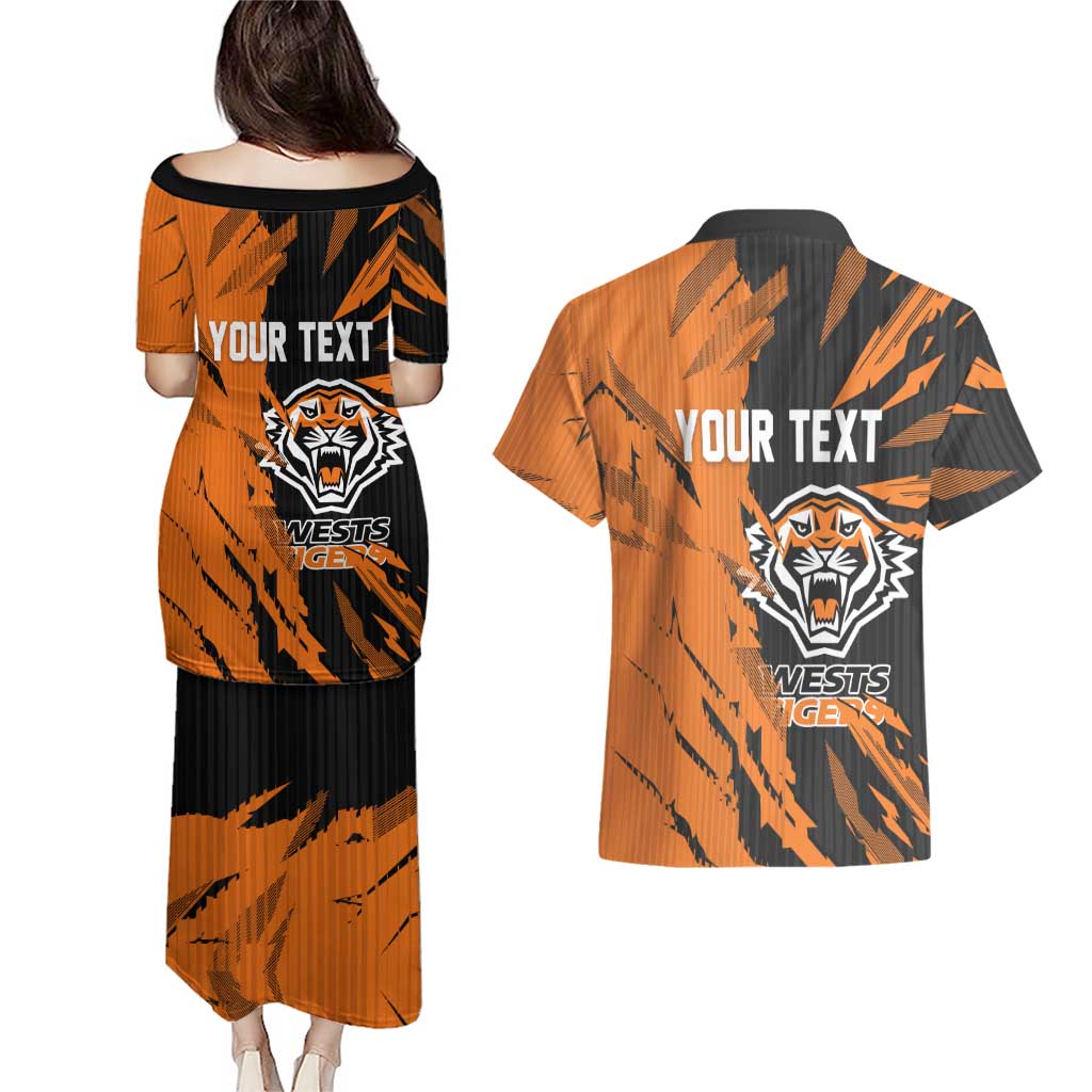 Personalized Wests Tigers Couples Matching Puletasi and Hawaiian Shirt Dynamic Lightning Mascot Rugby Australia