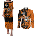 Personalized Wests Tigers Couples Matching Puletasi and Long Sleeve Button Shirt Dynamic Lightning Mascot Rugby Australia