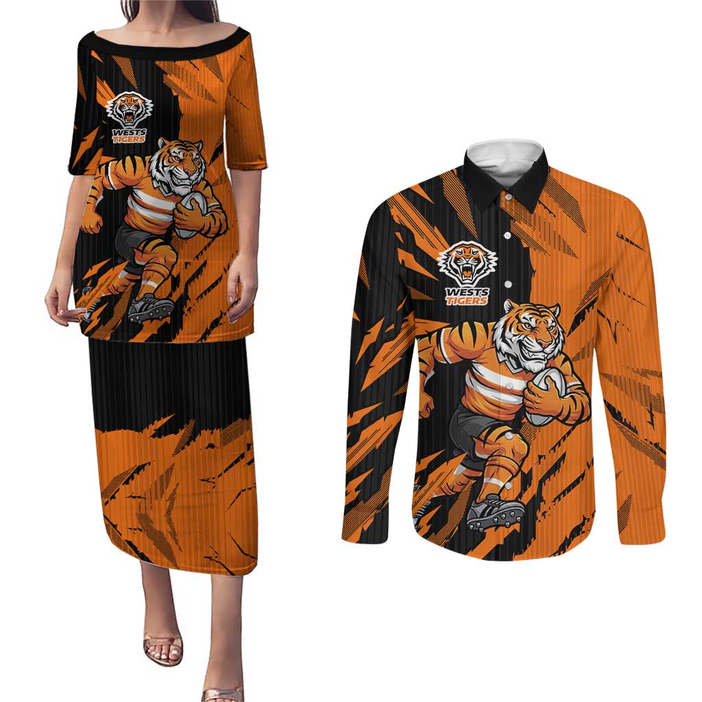 Personalized Wests Tigers Couples Matching Puletasi and Long Sleeve Button Shirt Dynamic Lightning Mascot Rugby Australia
