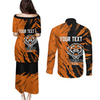 Personalized Wests Tigers Couples Matching Puletasi and Long Sleeve Button Shirt Dynamic Lightning Mascot Rugby Australia