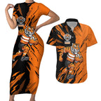Personalized Wests Tigers Couples Matching Short Sleeve Bodycon Dress and Hawaiian Shirt Dynamic Lightning Mascot Rugby Australia