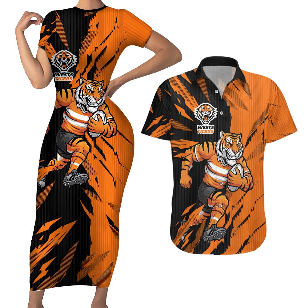 Personalized Wests Tigers Couples Matching Short Sleeve Bodycon Dress and Hawaiian Shirt Dynamic Lightning Mascot Rugby Australia