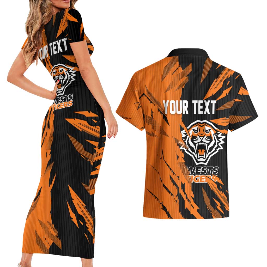 Personalized Wests Tigers Couples Matching Short Sleeve Bodycon Dress and Hawaiian Shirt Dynamic Lightning Mascot Rugby Australia