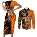 Personalized Wests Tigers Couples Matching Short Sleeve Bodycon Dress and Long Sleeve Button Shirt Dynamic Lightning Mascot Rugby Australia
