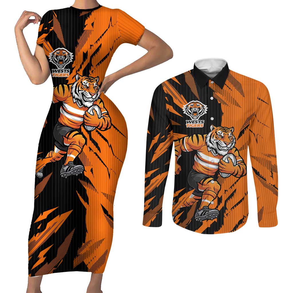 Personalized Wests Tigers Couples Matching Short Sleeve Bodycon Dress and Long Sleeve Button Shirt Dynamic Lightning Mascot Rugby Australia