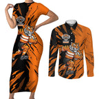 Personalized Wests Tigers Couples Matching Short Sleeve Bodycon Dress and Long Sleeve Button Shirt Dynamic Lightning Mascot Rugby Australia