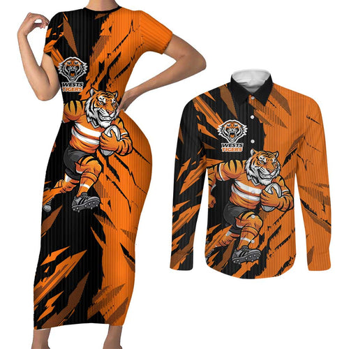 Personalized Wests Tigers Couples Matching Short Sleeve Bodycon Dress and Long Sleeve Button Shirt Dynamic Lightning Mascot Rugby Australia