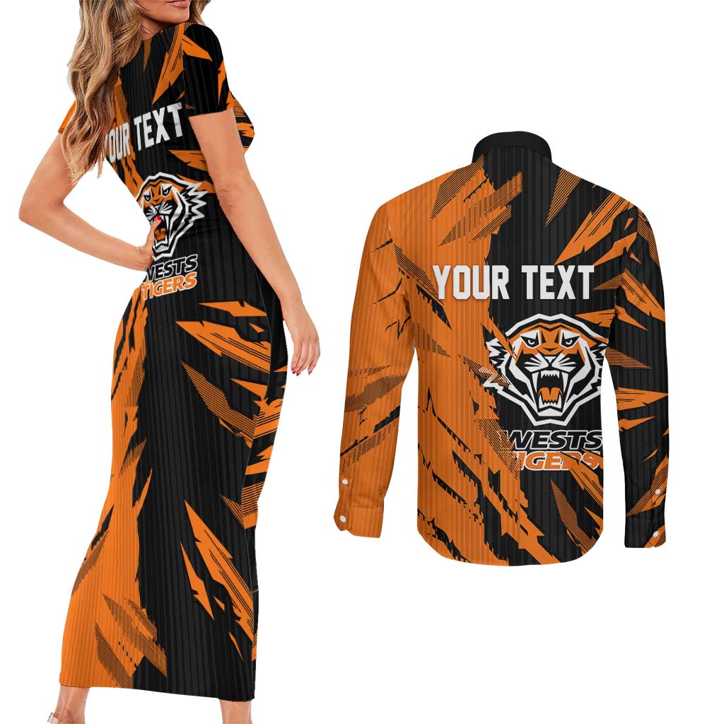 Personalized Wests Tigers Couples Matching Short Sleeve Bodycon Dress and Long Sleeve Button Shirt Dynamic Lightning Mascot Rugby Australia