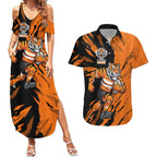 Personalized Wests Tigers Couples Matching Summer Maxi Dress and Hawaiian Shirt Dynamic Lightning Mascot Rugby Australia