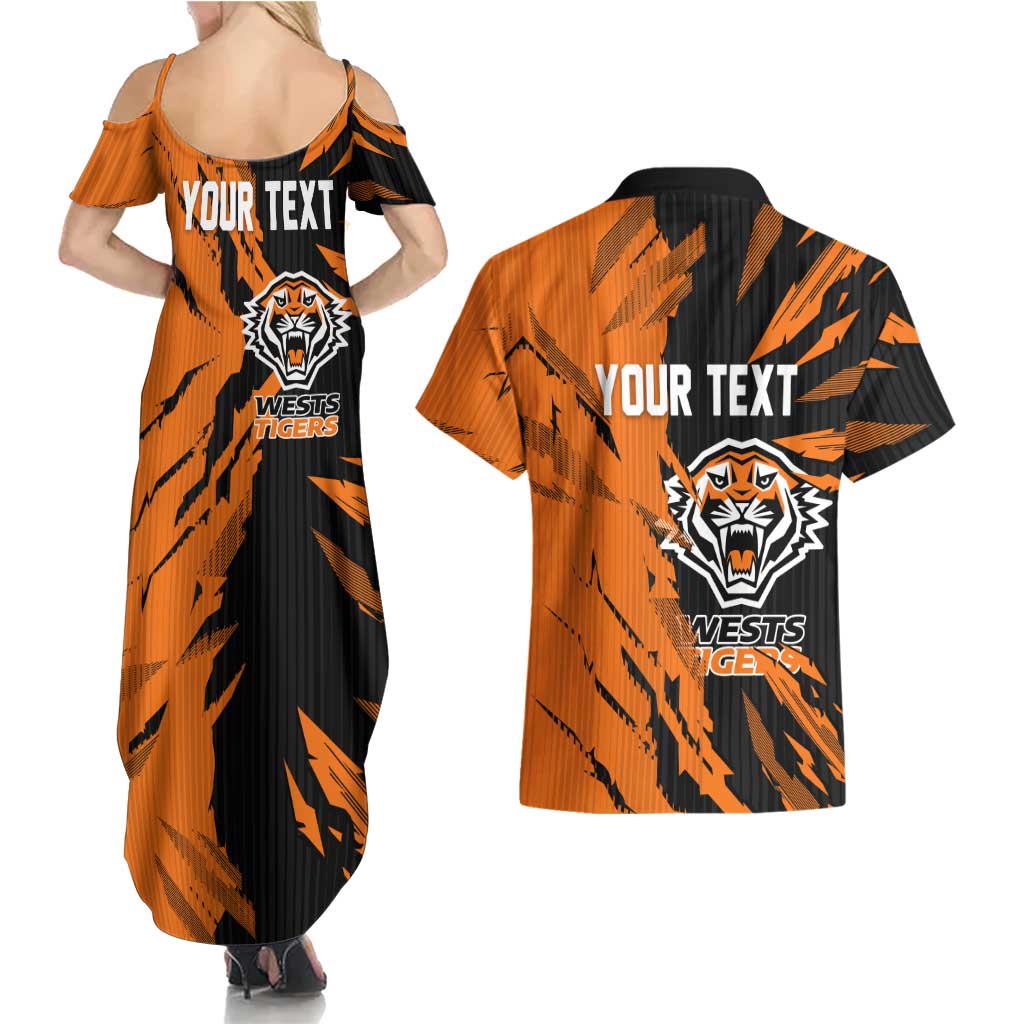 Personalized Wests Tigers Couples Matching Summer Maxi Dress and Hawaiian Shirt Dynamic Lightning Mascot Rugby Australia