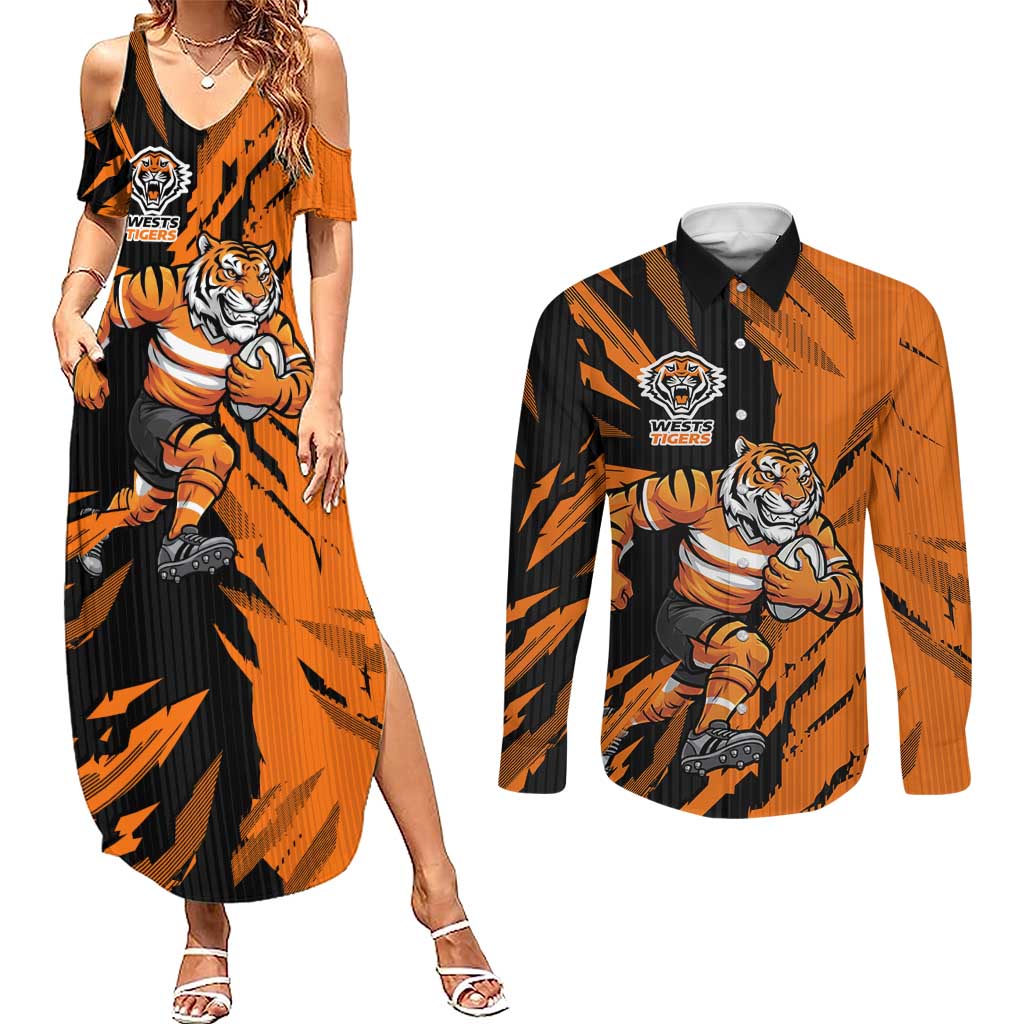 Personalized Wests Tigers Couples Matching Summer Maxi Dress and Long Sleeve Button Shirt Dynamic Lightning Mascot Rugby Australia