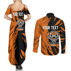 Personalized Wests Tigers Couples Matching Summer Maxi Dress and Long Sleeve Button Shirt Dynamic Lightning Mascot Rugby Australia