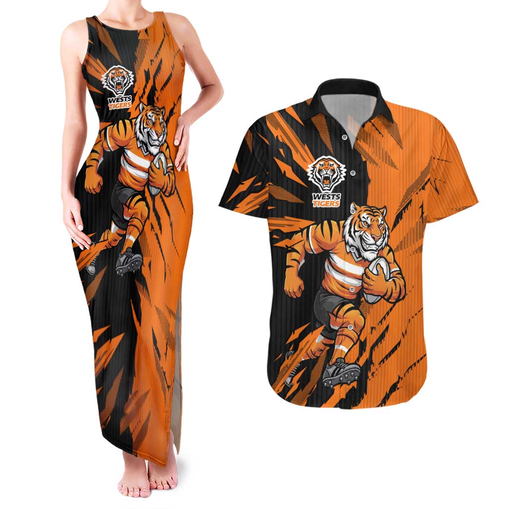 Personalized Wests Tigers Couples Matching Tank Maxi Dress and Hawaiian Shirt Dynamic Lightning Mascot Rugby Australia