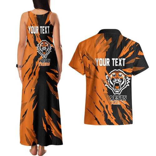 Personalized Wests Tigers Couples Matching Tank Maxi Dress and Hawaiian Shirt Dynamic Lightning Mascot Rugby Australia