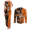 Personalized Wests Tigers Couples Matching Tank Maxi Dress and Long Sleeve Button Shirt Dynamic Lightning Mascot Rugby Australia