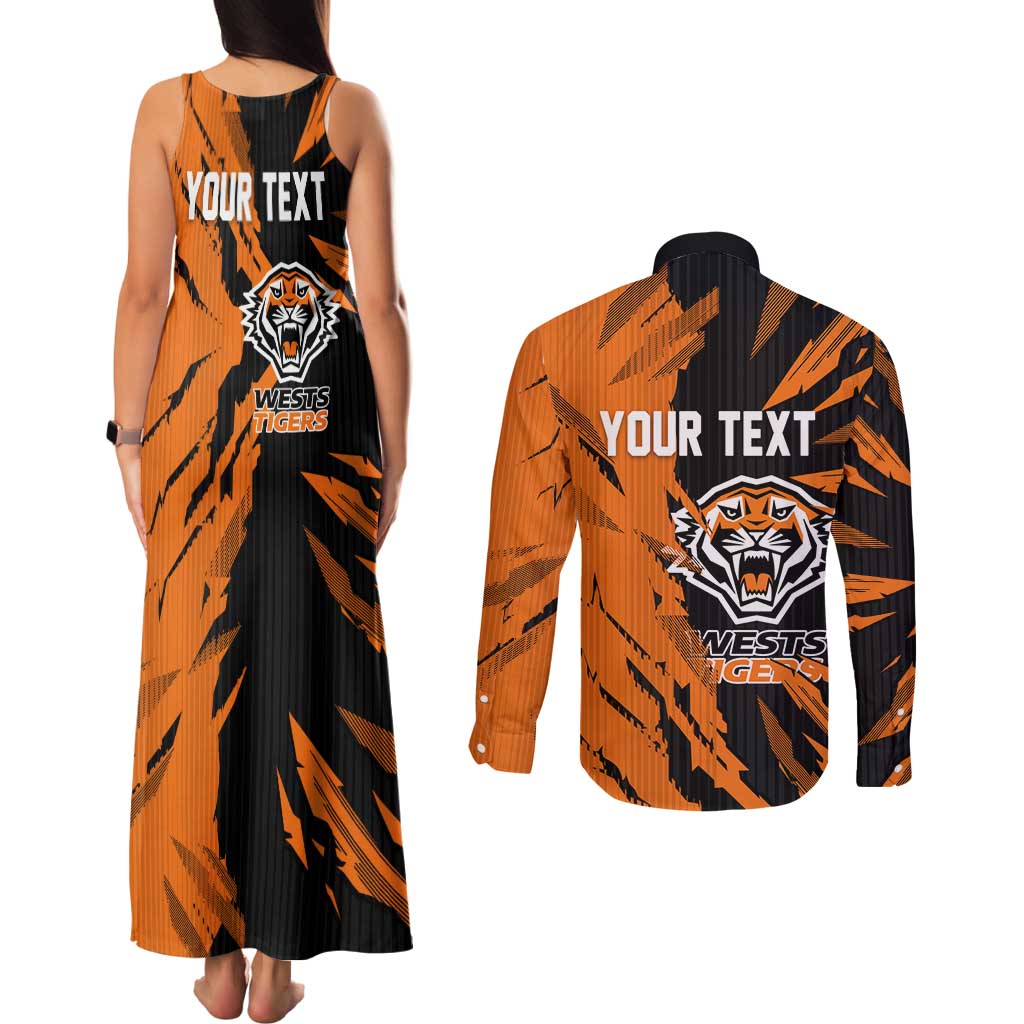 Personalized Wests Tigers Couples Matching Tank Maxi Dress and Long Sleeve Button Shirt Dynamic Lightning Mascot Rugby Australia