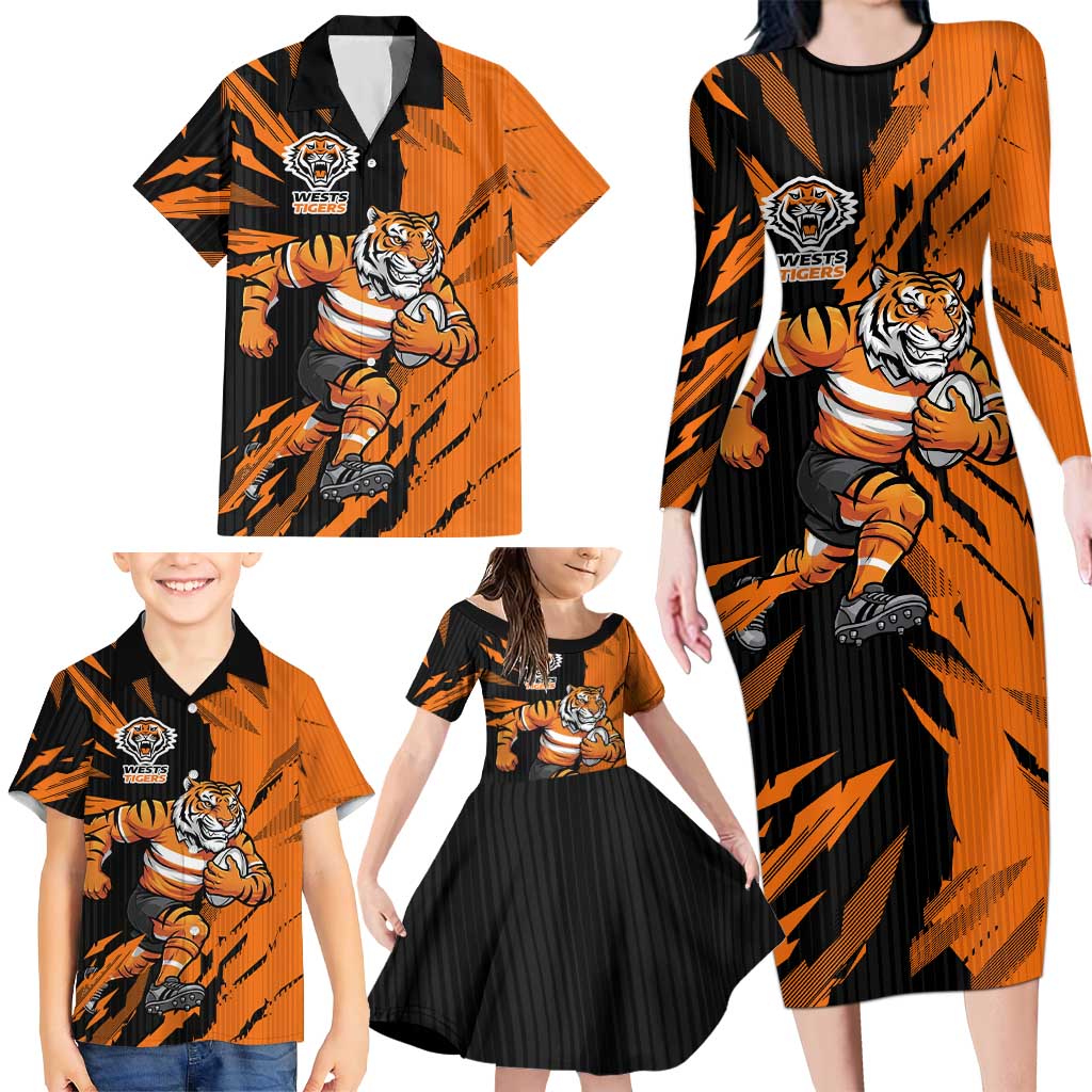 Personalized Wests Tigers Family Matching Long Sleeve Bodycon Dress and Hawaiian Shirt Dynamic Lightning Mascot Rugby Australia