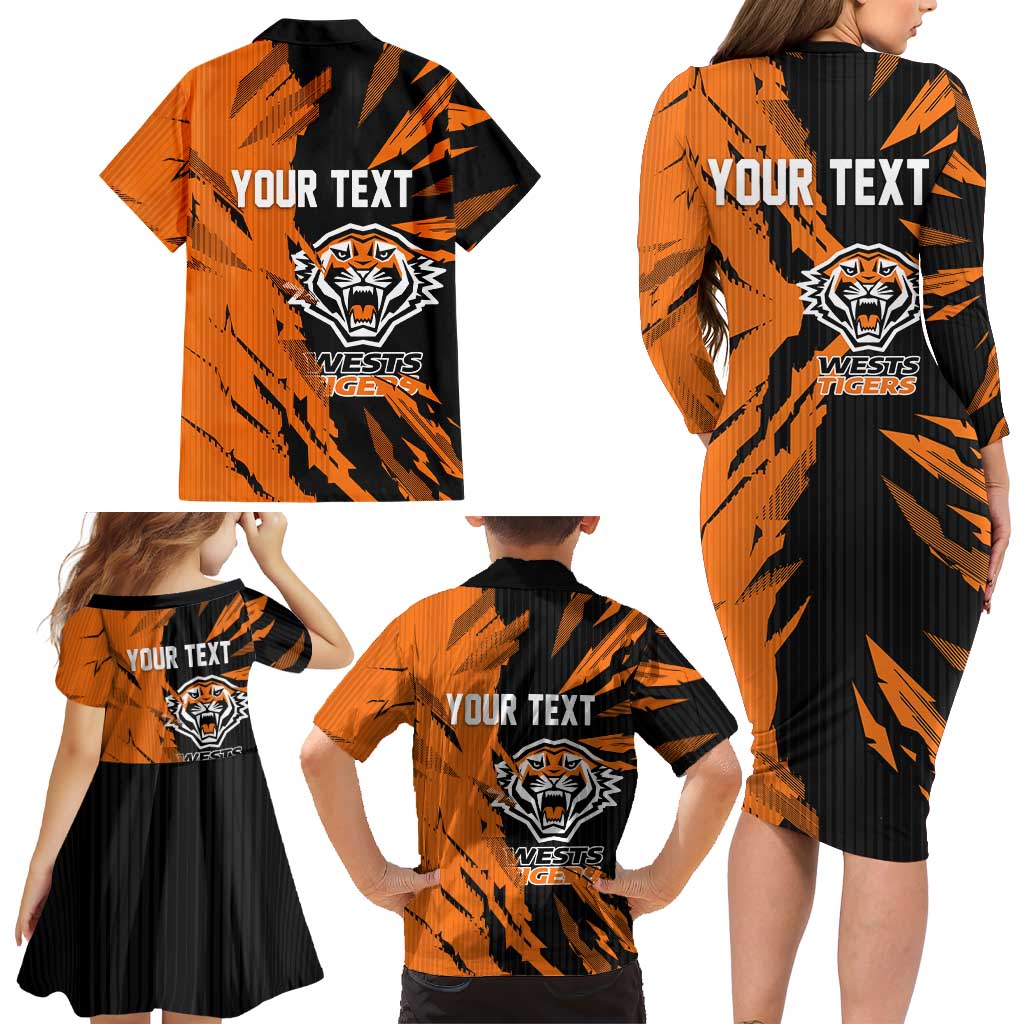 Personalized Wests Tigers Family Matching Long Sleeve Bodycon Dress and Hawaiian Shirt Dynamic Lightning Mascot Rugby Australia
