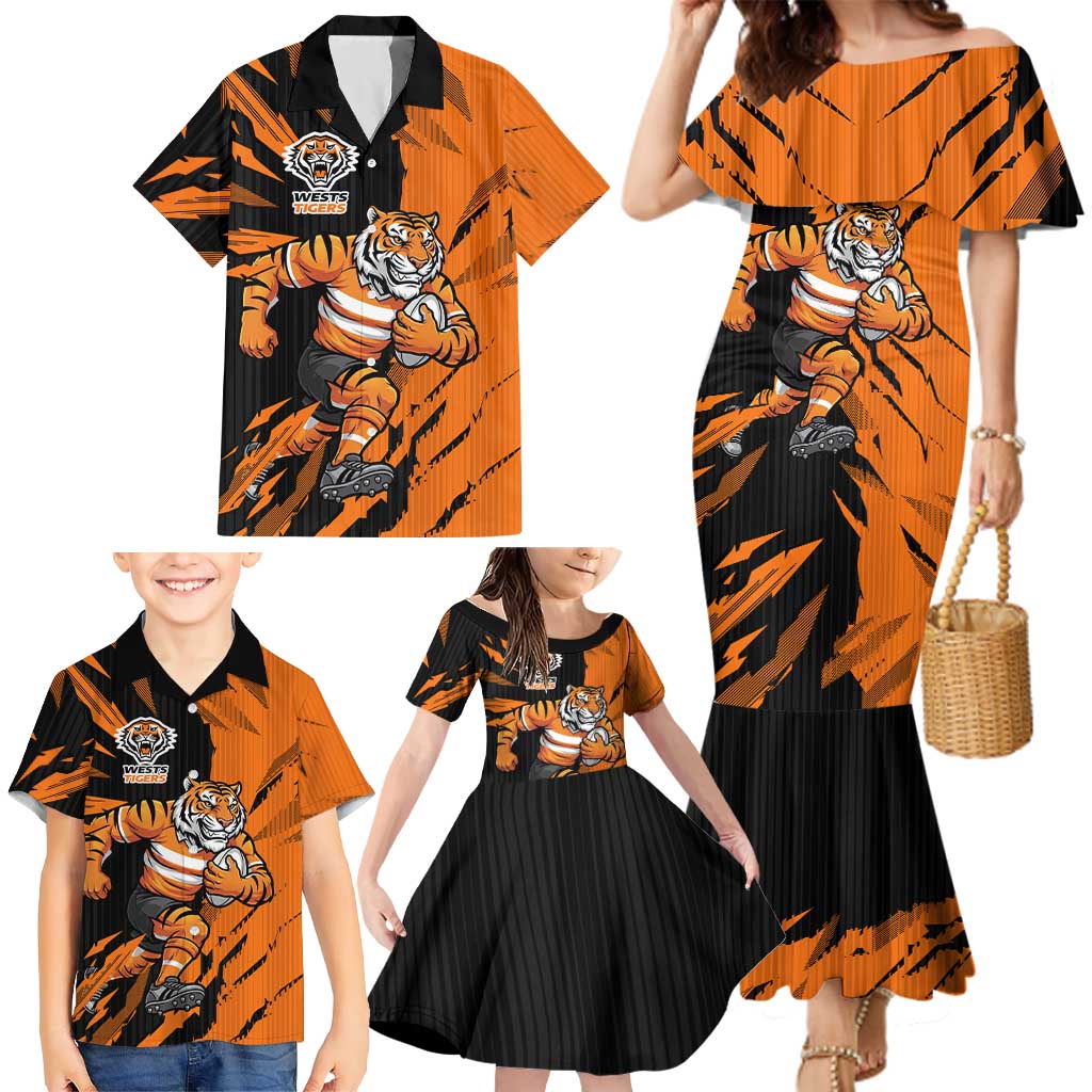 Personalized Wests Tigers Family Matching Mermaid Dress and Hawaiian Shirt Dynamic Lightning Mascot Rugby Australia