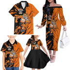 Personalized Wests Tigers Family Matching Off The Shoulder Long Sleeve Dress and Hawaiian Shirt Dynamic Lightning Mascot Rugby Australia