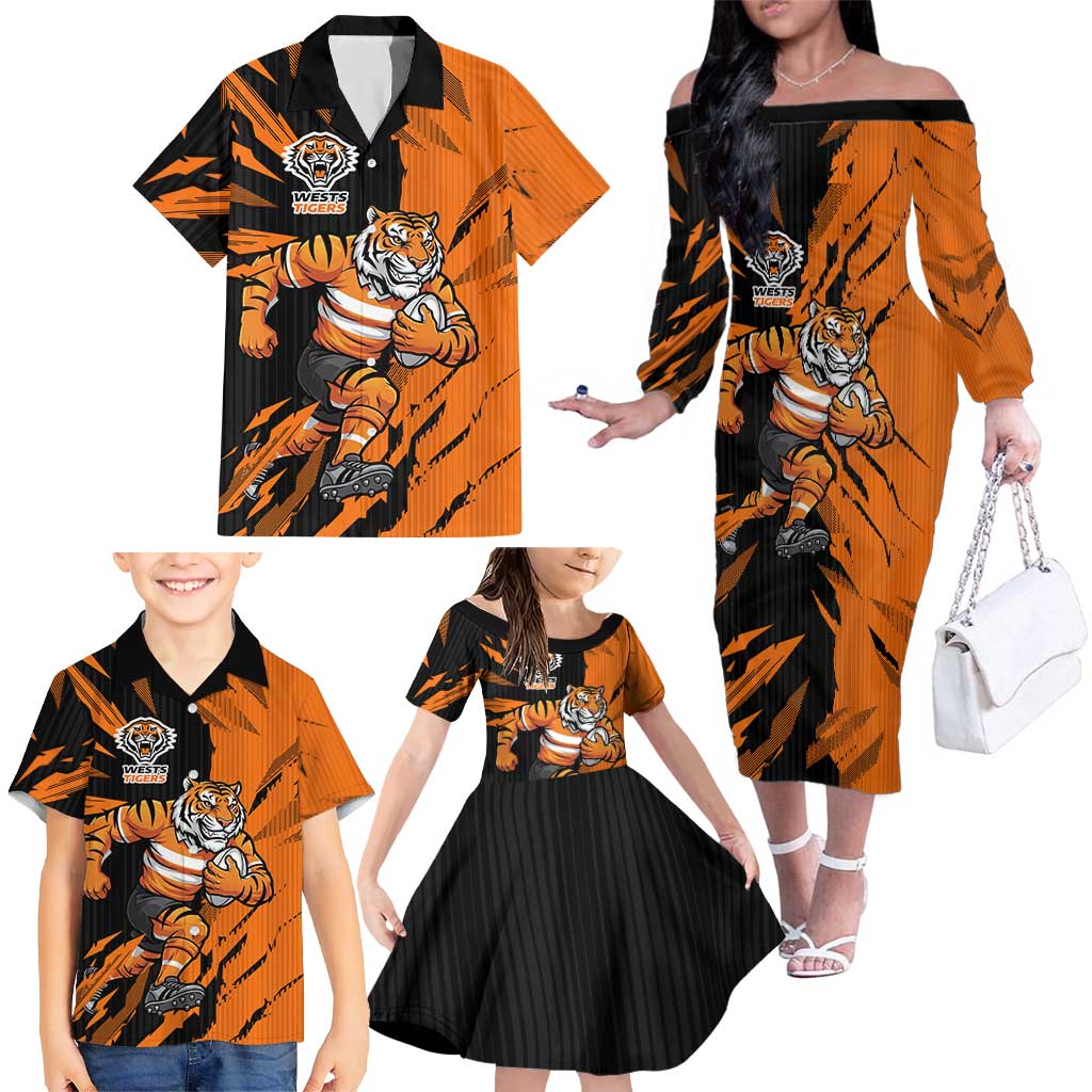 Personalized Wests Tigers Family Matching Off The Shoulder Long Sleeve Dress and Hawaiian Shirt Dynamic Lightning Mascot Rugby Australia
