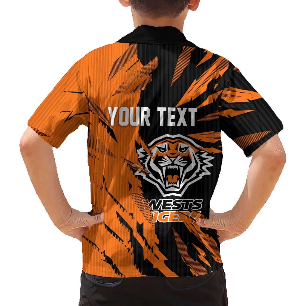 Personalized Wests Tigers Family Matching Off The Shoulder Long Sleeve Dress and Hawaiian Shirt Dynamic Lightning Mascot Rugby Australia