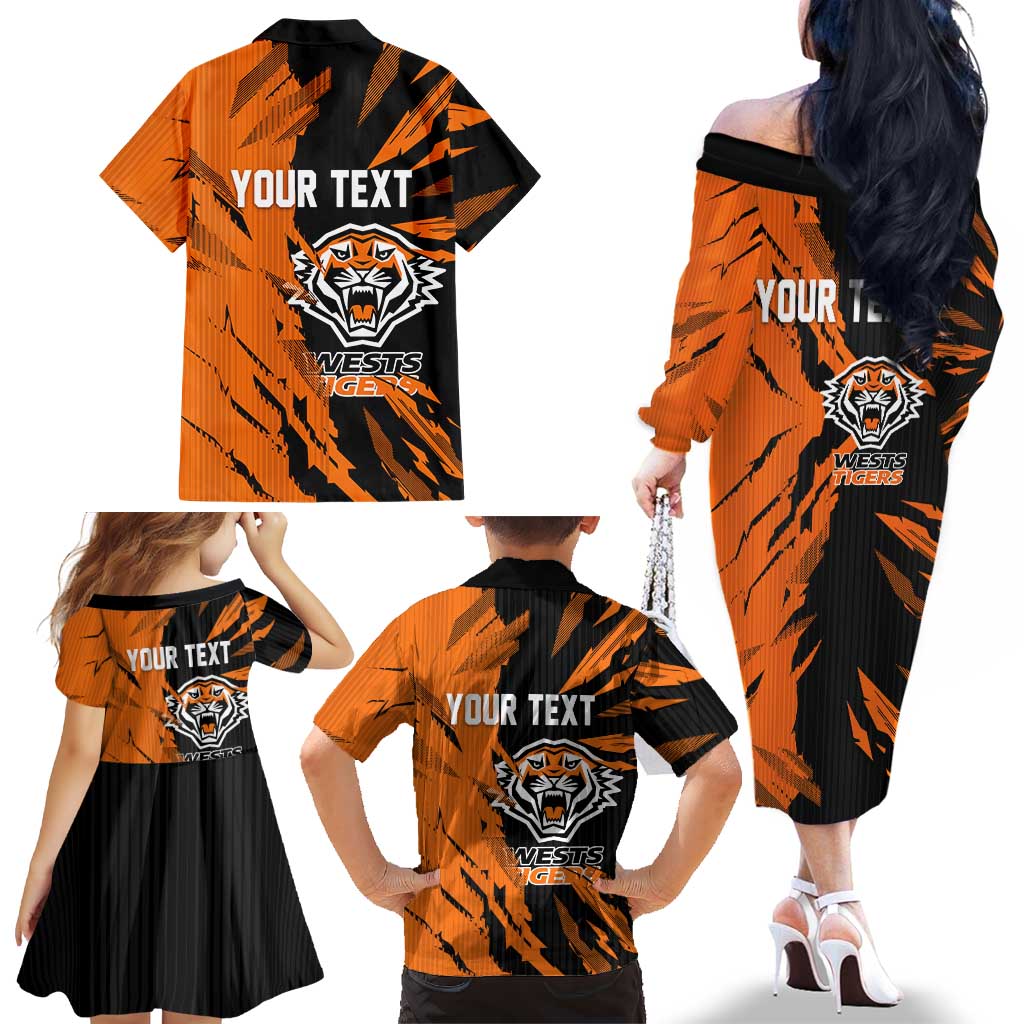 Personalized Wests Tigers Family Matching Off The Shoulder Long Sleeve Dress and Hawaiian Shirt Dynamic Lightning Mascot Rugby Australia