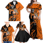 Personalized Wests Tigers Family Matching Off Shoulder Maxi Dress and Hawaiian Shirt Dynamic Lightning Mascot Rugby Australia