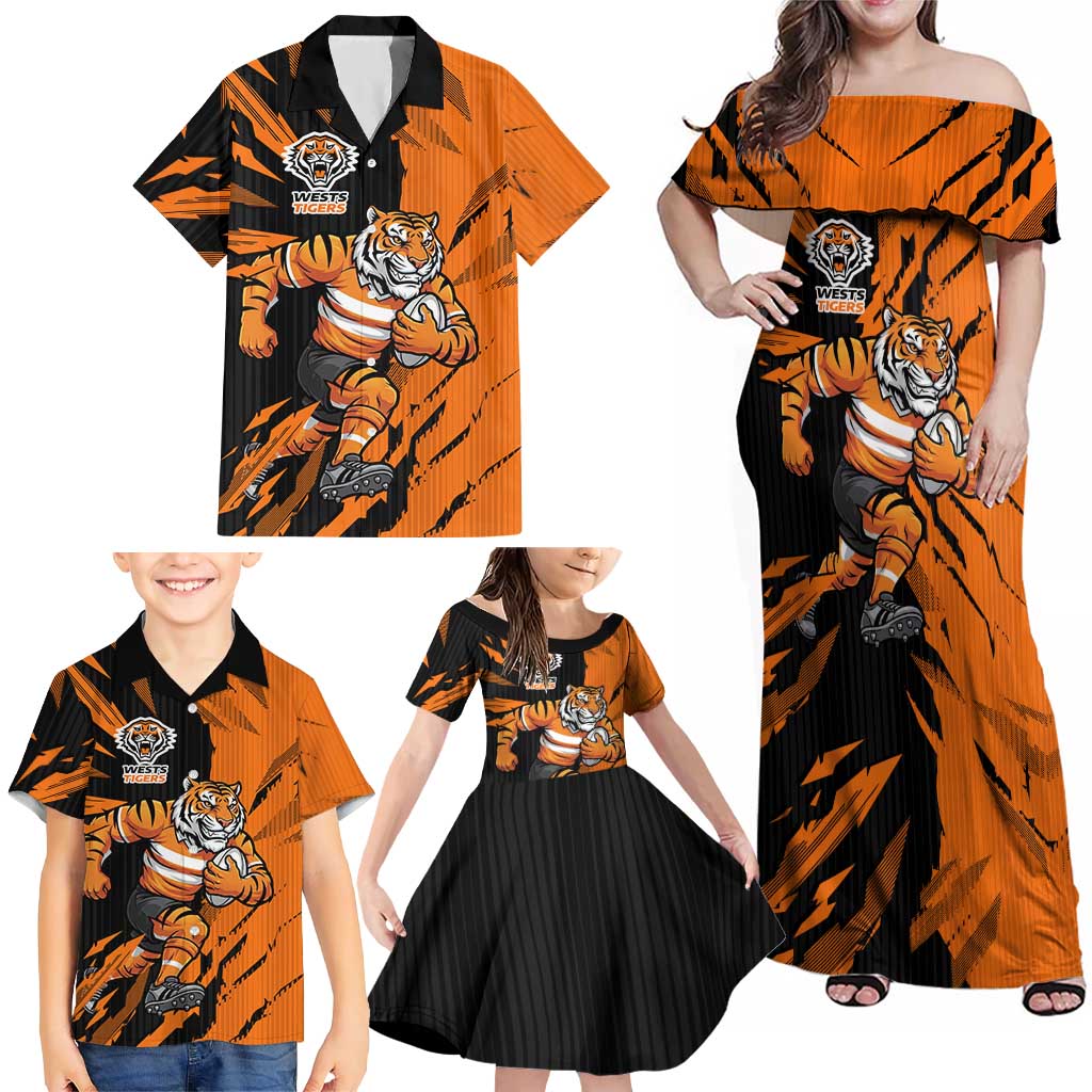 Personalized Wests Tigers Family Matching Off Shoulder Maxi Dress and Hawaiian Shirt Dynamic Lightning Mascot Rugby Australia